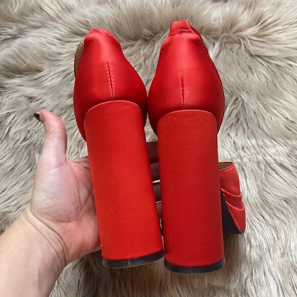 AMIUWEN Red Block Chunk Ankle Strap Platform Heels-closed toe sandal - Picture 4 of 9